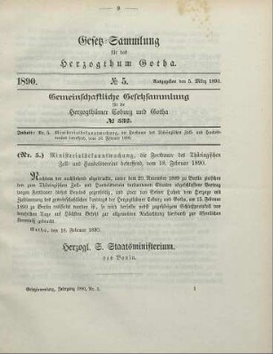 5. Ministerialbekanntmachung, die Fortdauer des Thüringischen Zoll- und Handelsvereins betreffend, vom 18. Februar 1890