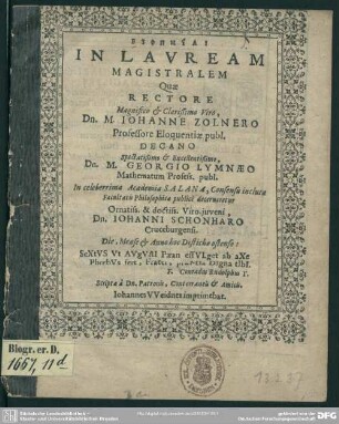 Euphemiai in lauream magistralem quae ... decerneretur ... Johanni Schonharo
