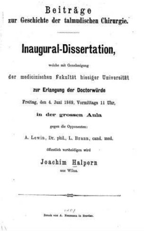 Beiträge zur Geschichte der talmudischen Chirurgie / Joachim Halpern