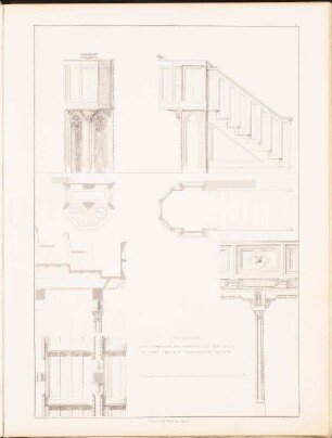 Anordnung der Emporen in einer Kirche im germanischen Baustil: Ansichten und Querschnitte von Emporen (aus: Entwürfe zu Kirchen, Pfarr- und Schulhäusern, hrsg. von der Kgl. Preuß. Oberbaudeputation, 1845-1855)