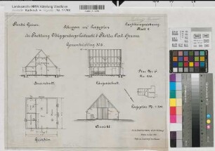 Gemen-Krückling (Borken) Pachtung Heumer Schuppen Lageplan, Grundriß, Ansicht, Schnitte 1911 1 : 100/500 36 x 44 Zeichnung Landsberg-Velensches Bauamt Landsberg-Velen