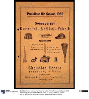 Preisliste für Saison 1930 Sonneberger Karneval-Artikel-Fabrik.