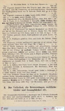 E. Das Volkslied, die Meistersänger, weltliche Lieder und Gesangsbücher etc (Nr. 896 - 1088)