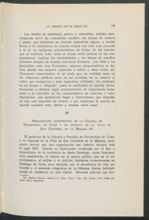 IV - Organización gubernativa de la Colonia de Fernandina de Cuba y en especial de la villa de San Cristóbal de La Habana