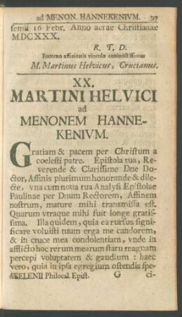 XX. Martini Helvici ad Menonem Hannekenium