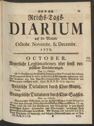 Reichs-Tags-Diarium auf die Monate Octobr. Novembr. & Decembr. 1778.