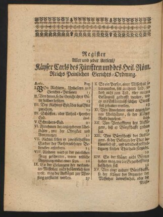 Register Aller und jeder Articul/ Käyser Carls des Fünfften und des heil. Röm. Reichs Peinlichen Gerichts-Ordnung