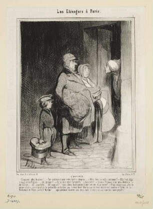 L'Arrivée, Blatt 1 der Folge "Les Étrangers à Paris“, in: "Le Charivari", Paris 1844