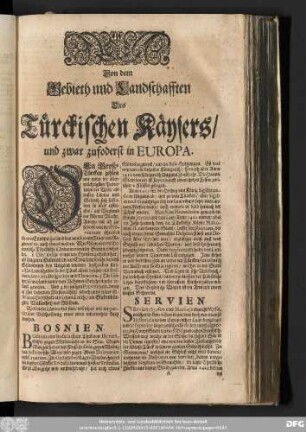 Von dem Gebieth und Landschafften Des Türckischen Käysers/ und zwar zufoderts in Europa.