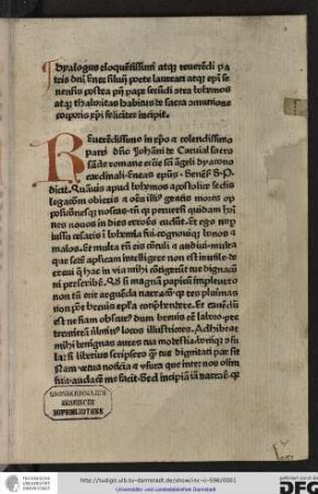 Dyalogus eloquentissimum atque reverendi patris domini Enee Silvii poete laureati atque episcopi Senensis, postea Pii pape secundi, contra Bohemos atque Thaboritas habitus de sacra communione corporis Christi feliciter incipit.