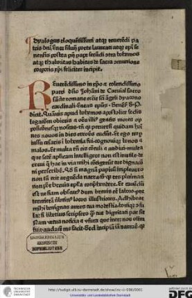 Dyalogus eloquentissimum atque reverendi patris domini Enee Silvii poete laureati atque episcopi Senensis, postea Pii pape secundi, contra Bohemos atque Thaboritas habitus de sacra communione corporis Christi feliciter incipit.