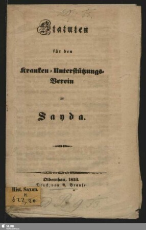 Statuten für den Kranken-Unterstützungs-Verein zu Sayda