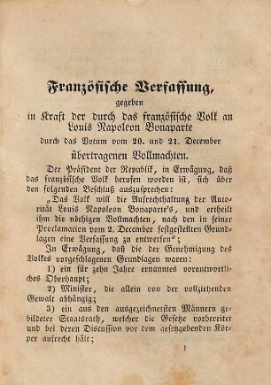 Parlamentarisches Taschenbuch : enthaltend die Verfassungen von ..., 7. Enthaltend Die Verfassung für das Großherzogthum Luxemburg nebst Wahlgesetz, die franz. Verfassung, gegeben durch Louis Napoleon Buonaparte, das Grundgesetz für das Königreich der Niederlande, nebst vorläufigem Wahlreglement, Verfassung Kurhessens vom 5. Jan. 1831 und 13. April 1852, und die österreichische Verfassung vom 31. December 1851