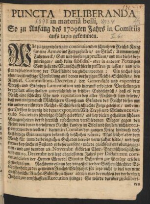 Puncta Deliberanda in materiâ belli, So zu Anfang des 1709ten Jahrs in Comitiis aufs tapis gekommen