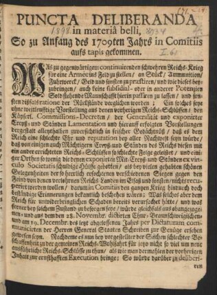 Puncta Deliberanda in materiâ belli, So zu Anfang des 1709ten Jahrs in Comitiis aufs tapis gekommen