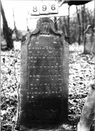 Grabstein 896 (Index: 99753250) Material: Sandstein Zustand: verwittert Maße HxBxT: 100x42x11 cm Beschreibung: Stele, geschwungener Abschluß, Schriftfeld eingetieft Symbolik: stilisierte Muschel: Grabstein 896