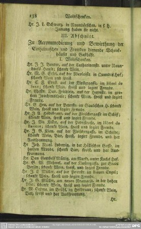 III. Abschnitt. Zu Accommodirung und Bewirthung der Einheimischen und Fremden dienen-de Schenkhäuser und Gasthöfe