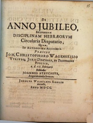 De Anno Iubileo, Secundum Disciplinam Hebraeorum Circularis Disputatio