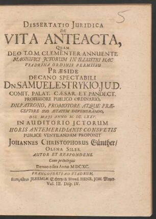 Dissertatio Iuridica De Vita Anteacta