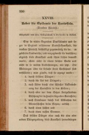 XXVIII. Ueber die Epidemie der Kartoffeln (Trockene Fäulniß)