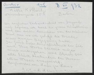 Brief von Gerhart Hauptmann an Käthe Kollwitz