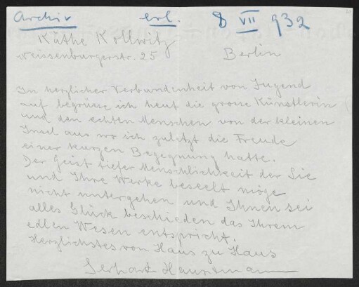Brief von Gerhart Hauptmann an Käthe Kollwitz
