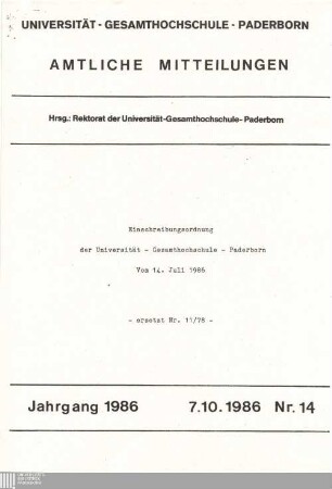 Einschreibungsordnung der Universität - Gesamthochschule - Paderborn vom 14. Juli 1986 : 7.10.1986