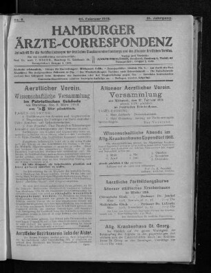 Altonaer Aerztlicher Verein. Versammlung am Mittwoch, den 27. Februar 1918 abends 8 Uhr pünktlich im Städtischen Krankenhause.
