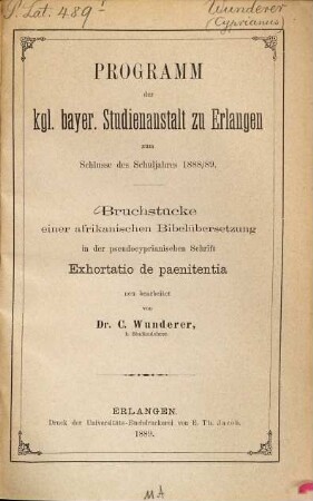 Bruchstücke einer afrikanischen Bibelübersetzung in der pseudocyprianischen Schrift Exhortatio de paenitentia