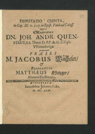 Disputatio Quinta, in Cap. III. v. 1 - 17. in Epist. Pauli ad Coloss.