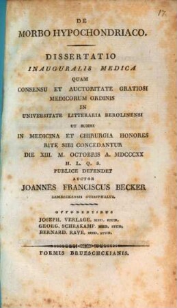 De morbo hypochondriaco : Dissertatio inauguralis medica.
