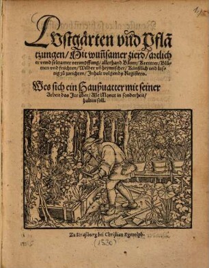 Lustgärten und Pfla[n]tzungen : Mit wunsamer zierd, artlicher unnd seltzamer verimpffung, allerhand Baum, Kreutter, Blumen & früchten, Wilder & heymischer, Künstlich und lustig zu zurichten ; Inhalt volgends Registers ; Was sich ein Haußvatter mit seiner Arbeit das Jar über, Alle Monat in sonderheit, halten soll