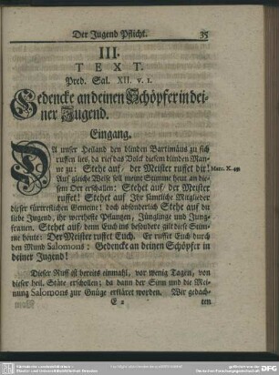 III. Text. Pred. Sal. XII. v. I. Gedencke an deinen Schöpfer in deiner Jugend