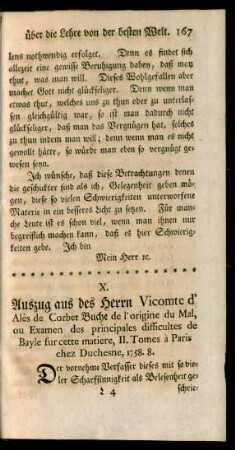 X. Auszug aus des Herrn Vicomte d'Alès de Corbet Buche de l'origine du Mal, ou Examen des prinicipales difficultes de Bayle ...