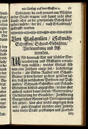 Von Paßquillen / Schmäh-Schrifften / Schand-Gedichten / Verleumdung und Affterreden.
