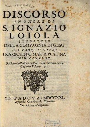 Discorso in onore di S. Ignazio Loiola