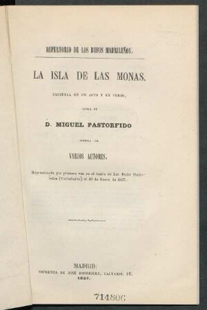 La isla de las Monas : zarzuela en un acto y en verso