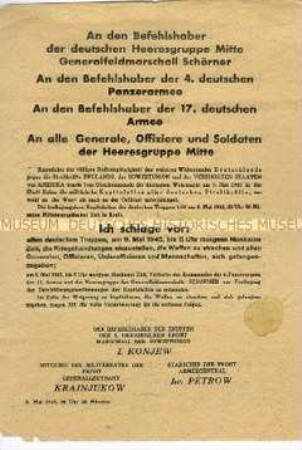 Abwurf-Flugblatt der Roten Armee mit dem Aufruf an die deutschen Truppen, alle Kampfhandlungen einzustellen