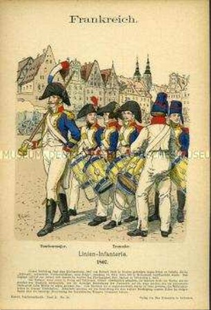 Uniformdarstellung, Tambourmajor und Tamboure der Linien-Infanterie, Erstes Kaiserreich Frankreich, 1807.