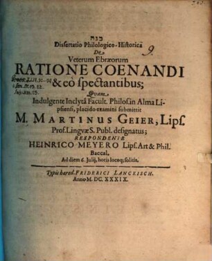 Diss. philol. hist. de veterum Ebraeorum ratione coenandi, & eo spectantibus