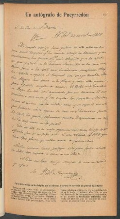 Un autógrafo de Pueyrredón : Facsimil de una carta dirigida por el Director Supremo Pueyrredón al general San Martín