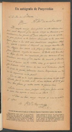 Un autógrafo de Pueyrredón : Facsimil de una carta dirigida por el Director Supremo Pueyrredón al general San Martín