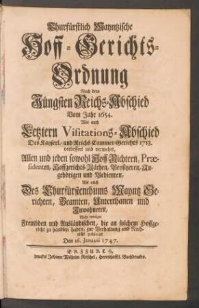Churfürstlich Mayntzische Hoff-Gerichts-Ordnung