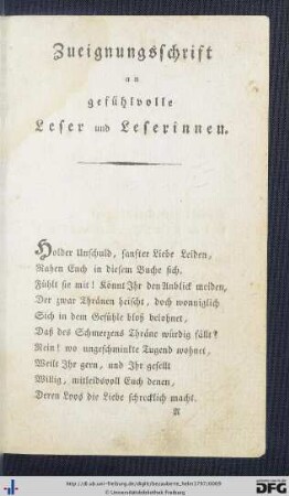 Zueignungsschrift an gefühlvolle Leser und Leserinnen.
