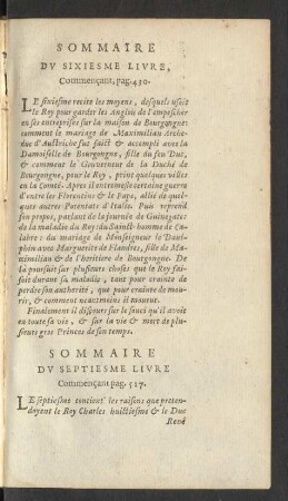 Sommaire Du Sixiesme Livre, Commençant pag. 430.