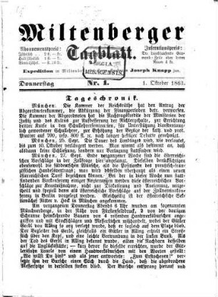 Miltenberger Tagblatt : Bote vom Unter-Main ; General-Anzeiger für die Amtsgerichtsbezirke Miltenberg, Amorbach, Stadtprozelten und Umgebung ; Amtsblatt für das Bezirksamt Miltenberg und die Amtsgerichte Miltenberg und Amorbach sowie ferner für das Registeramt Aschaffenburg, für die Eintragungen in das Handel- und Genossenschaftsregister der Amtsgerichte Miltenberg und Amorbach ; zugleich Publikationsorgan für die öffentl. Bekanntmachungen der Stadtmagistrate Miltenberg und Amorbach. 1863,10/12