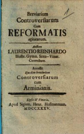Breviarium Controversiarum Cum Reformatis agitatarum
