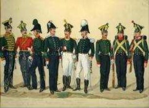 Uniformdarstellung, Trompeter der Reitenden Artillerie, Trompeter der Fahrenden Batterie, Hoboist, Trainsergeant, Hauptmann, Ingenieurmajor, Feldwebel, Unterkanonier und Obersappeur der Artillerie, Sachsen, 1825/1831.