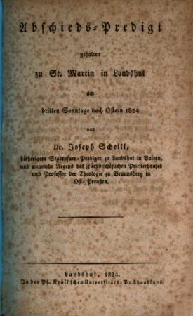 Abschieds-Predigt : gehalten zu St. Martin in Landshut am dritten Sonntage nach Ostern 1824