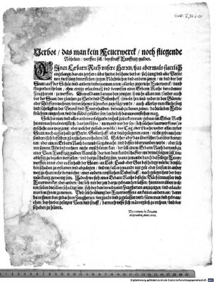 Verbot, das man kein Feuerwerck, noch fliegende Röhrlein, werffen soll, bey straff Funfftzig gulden : Decretum in Senatu 8. Septembris 1602